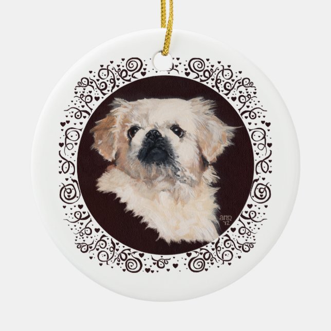 White Pekingese Head Study Ceramic Ornament (Front)