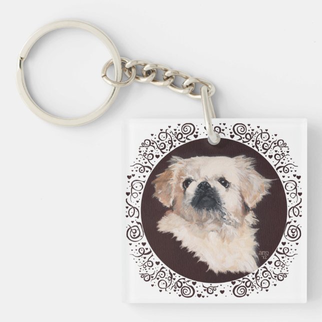 White Pekingese Head Study Keychain (Front)