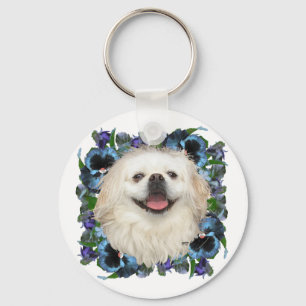 White Pekingese with Pansies Keychain