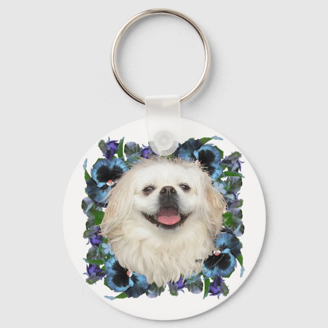 White Pekingese with Pansies Keychain (Front)