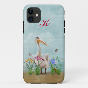 White Pelican, Flowers and Butterflies, Monogram iPhone 11 Case