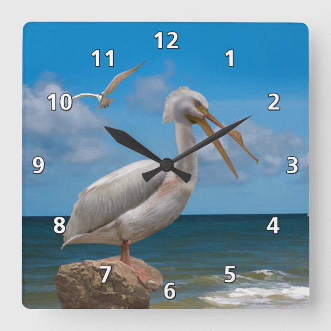 White Pelican on a Rock Square Wall Clock (Front)