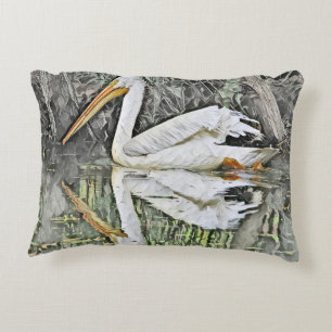 White Pelican Reflection in Lake Oil Painting Accent Pillow
