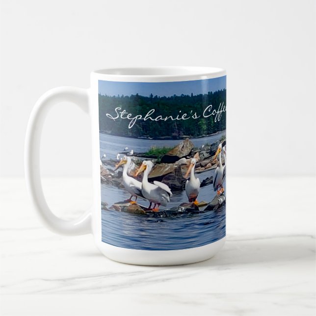 White Pelicans Party on the Lake Personalized Coffee Mug (Left)