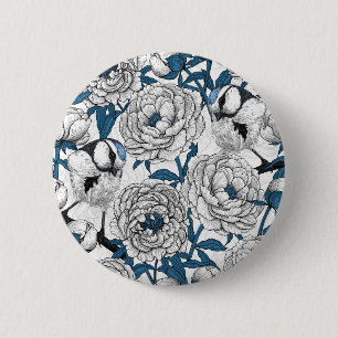 White peonies and blue tit birds 2 inch round button