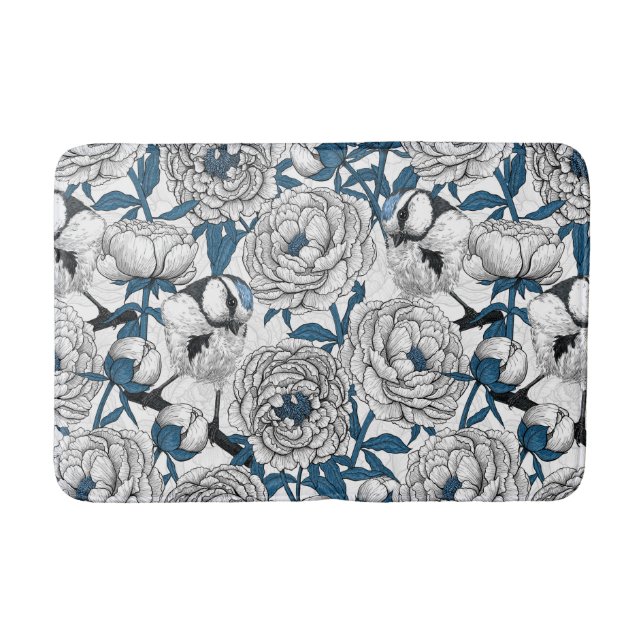 White peonies and blue tit birds bath mat (Front)