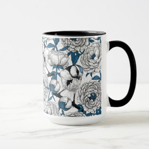 White peonies and blue tit birds mug
