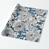 White peonies and blue tit birds