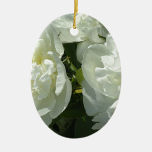 White Peonies Ceramic Ornament
