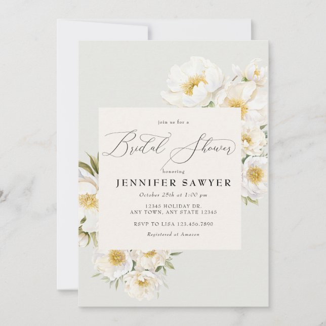 White Peonies | Elegant Floral Bridal Shower Invitation (Front)