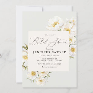 White Peonies   Elegant Floral Bridal Shower Invitation