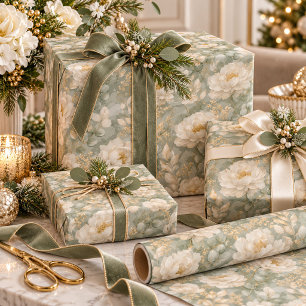 White Peonies Floral Sage Green Gold Elegant  Wrapping Paper