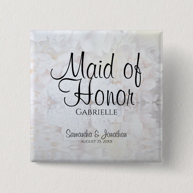 White Peonies & Hearts Wedding Maid of Honour Name 2 Inch Square Button (Front)
