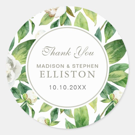 White Peonies & Leaf Watercolor | Thank You Classic Round Sticker