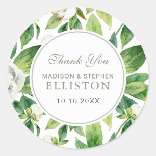 White Peonies & Leaf Watercolor   Thank You Classic Round Sticker