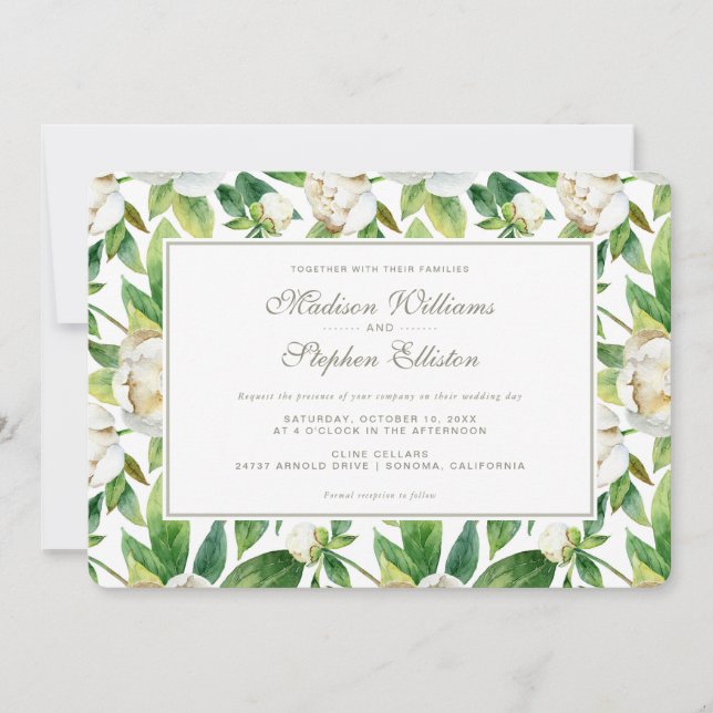 White Peonies & Leaf Watercolor - Wedding Invitation (Front)