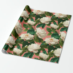 White Peonies on pechy background pattern Wrapping Paper