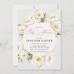 White Peonies   Photo Baby Shower Invitation