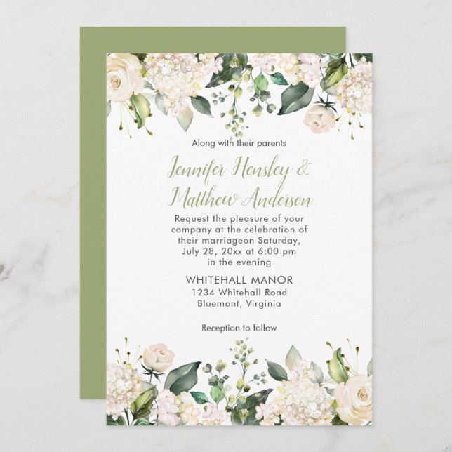 White Peonies Rose Faire-part de mariage de verdur (Devant / Derrière)