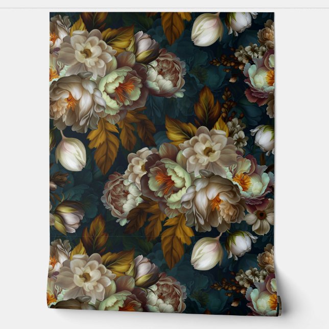 White Peonies Vintage Midnight Goth Garden Wallpaper (Unrolling)