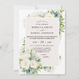 White Peonies Watercolor Vintage Wedding Invitation