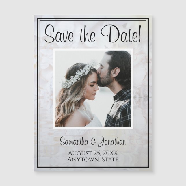White Peonies Wedding Save the Date Magnetic Card (Front)