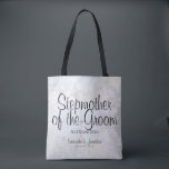 White Peonies Wedding Stepmother of the Groom Tote Bag<br><div class="desc">This beautiful tote bag is perfect for thanking the stepmother of the Groom. It features modern script lettering over a background of reflecting white peony flowers and hearts. The text is fully customizable and reads: stepmother of the Groom, with a place for her name, the couple's names and wedding date....</div>