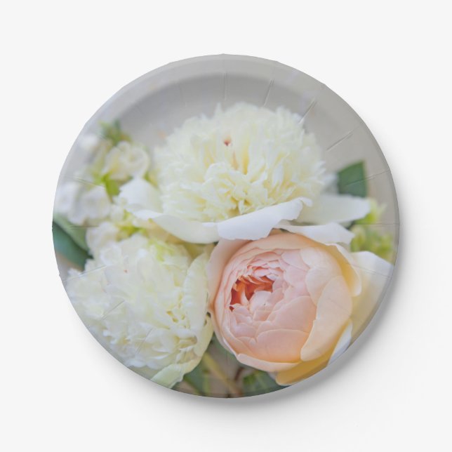 White peonies with apricot-coloured rose paper plate (Front)
