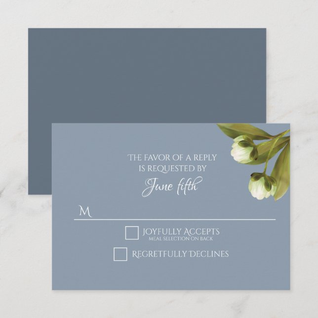 White Peonies with Dusty Blue Wedding RSVP (Front/Back)