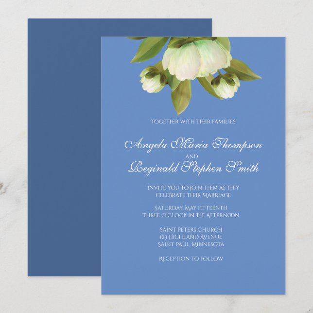 White Peonies with Provence Blue  Invitation (Front/Back)