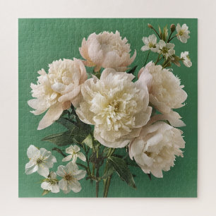 White Peonies With Spring Flowers On Green Jigsaw Puzzle