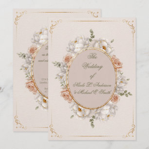 White Peony & Blush Rose Floral Wedding  Invitation