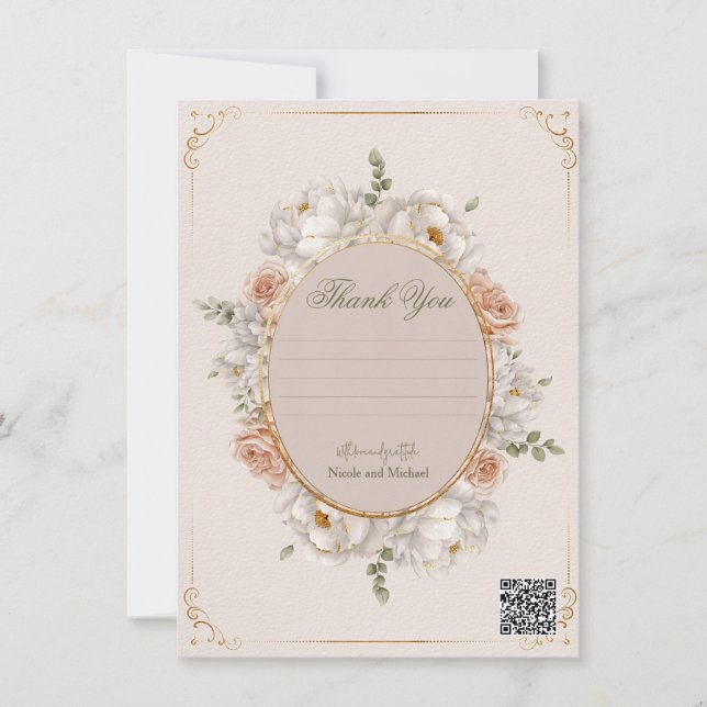 White Peony & Blush Rose Floral Wedding  Invitation (Front)