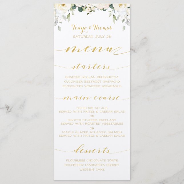 White Peony Epiphany Mariage Gold Calligraphy Menu (Devant)