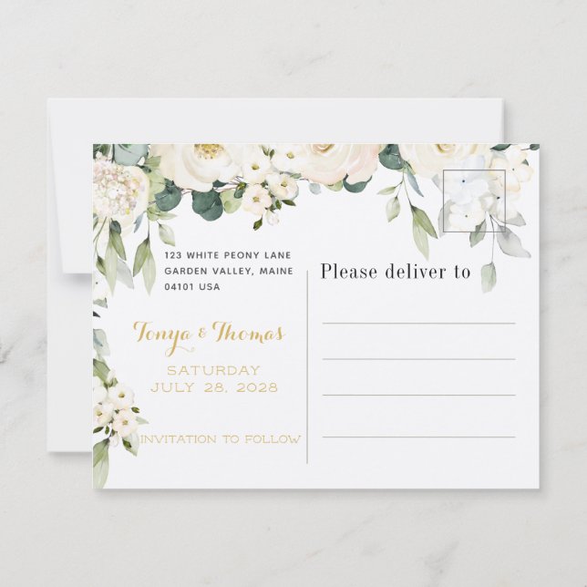 White Peony Epiphany Save The Date Postcard (Back)