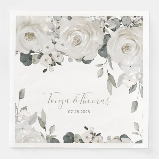 White Peony Epiphany Silver Wedding Dinner Napkins (Front)