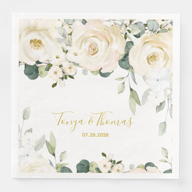 White Peony Epiphany Wedding Dinner Napkins (Front)