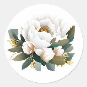 White Peony Eucalyptus Gold Flower Classic Round Sticker