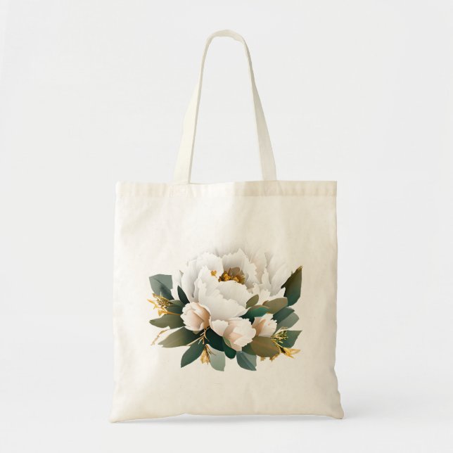 White Peony Eucalyptus Gold Flower Tote Bag (Front)