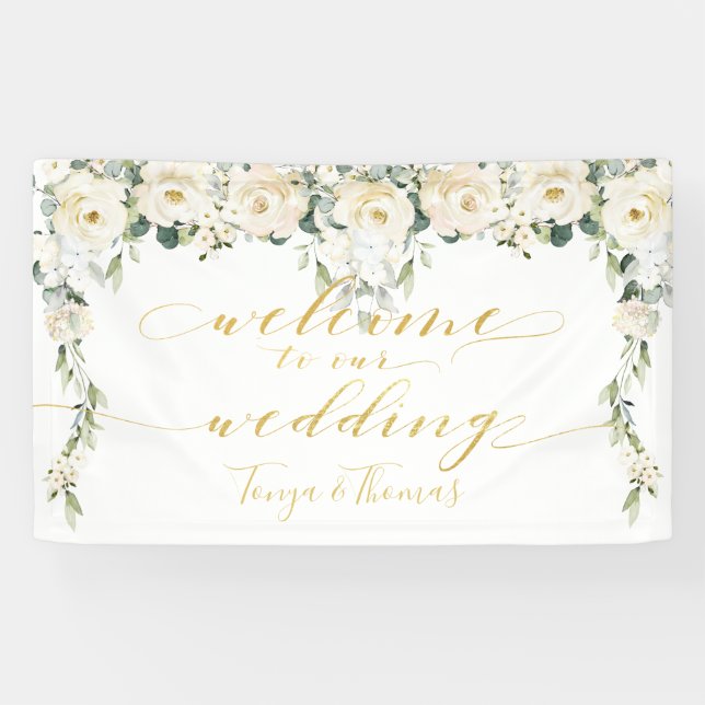 White Peony Fancy Gold Calligraphy Welcome Banner (Horizontal)