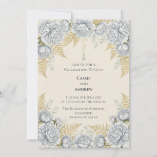 White Peony Fern Wedding Invitation