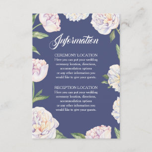 White Peony Floral Blue Wedding Information Cards