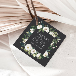 White Peony Floral Frame "Cheers to Love" Wedding Favour Tags