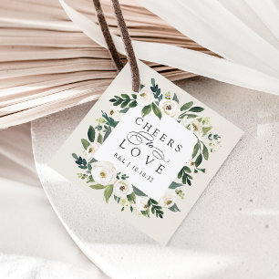 White Peony Floral Frame "Cheers to Love" Wedding Favour Tags