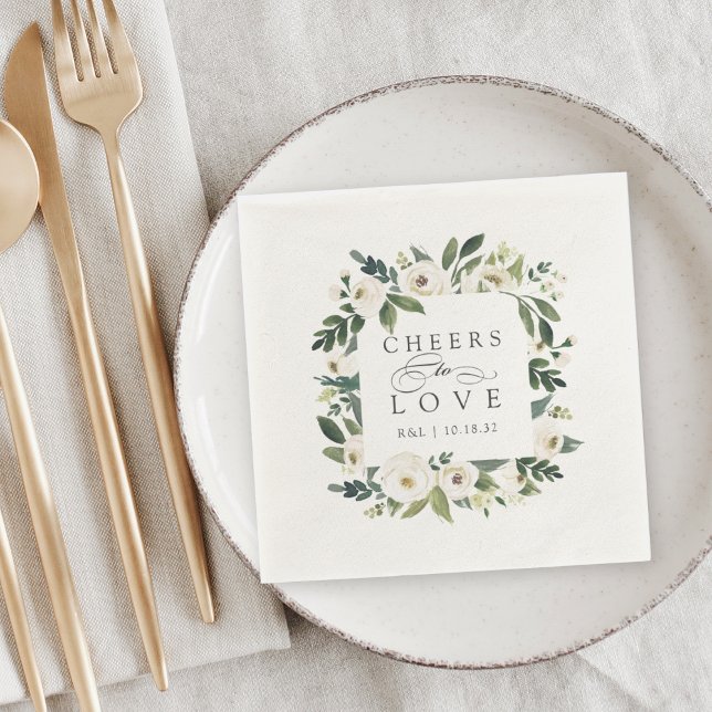White Peony Floral Frame "Cheers to Love" Wedding Napkin (Creator Uploaded)