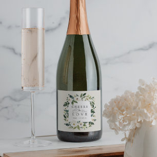 White Peony Floral Frame "Cheers to Love" Wedding Sparkling Wine Label