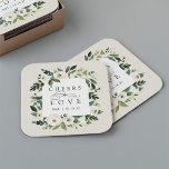 White Peony Floral Frame "Cheers to Love" Wedding Square Paper Coaster<br><div class="desc">Our White Peony watercolor floral wedding collection features delicately painted watercolor greenery,  green botanical foliage and white and ivory peony flowers. "Cheers to love" appears in classic lettering with calligraphy script accents. Personalize these cocktail napkins with your initials and wedding date,  or your choice of custom text.</div>