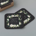 White Peony Floral Frame "Cheers to Love" Wedding Square Paper Coaster<br><div class="desc">Our White Peony watercolor floral wedding collection features delicately painted watercolor greenery,  green botanical foliage and white and ivory peony flowers. "Cheers to love" appears in classic lettering with calligraphy script accents. Personalize these cocktail napkins with your initials and wedding date,  or your choice of custom text.</div>