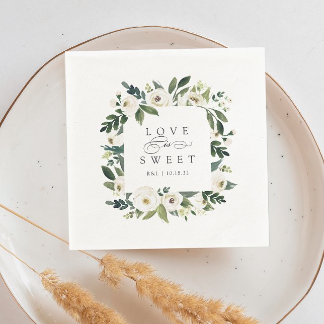 White Peony | Floral Frame "Love is Sweet" Wedding Napkin (Creator Uploaded)