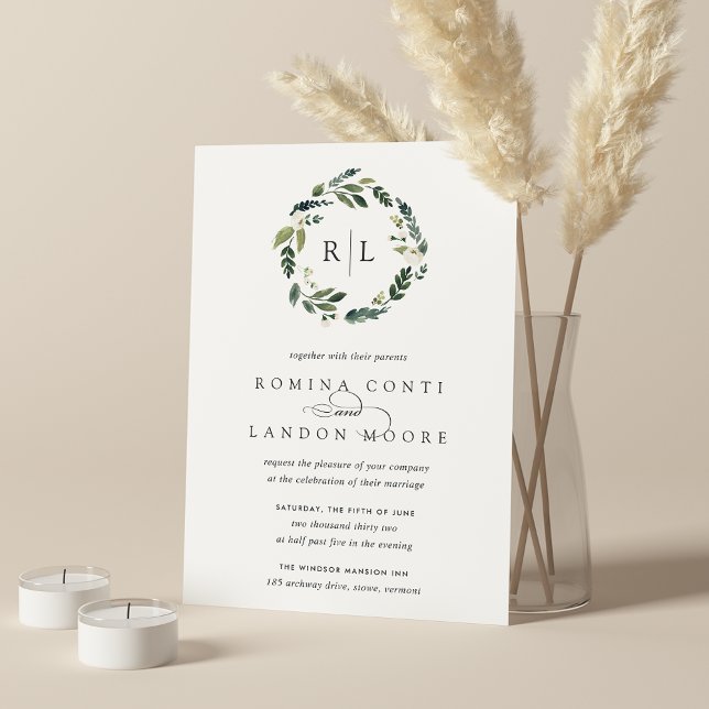 White Peony | Floral Monogram Wreath Wedding Invitation (Creator Uploaded)